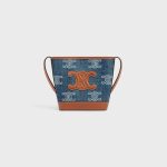 MINI BUCKET CUIR TRIOMPHE IN DENIM WITH TRIOMPHE ALL-OVER EMBROIDERY AND CALFSKIN